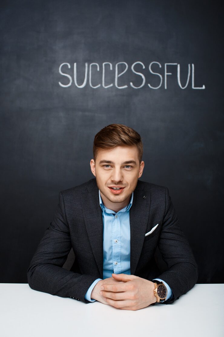 Happy businessman discussing financial success