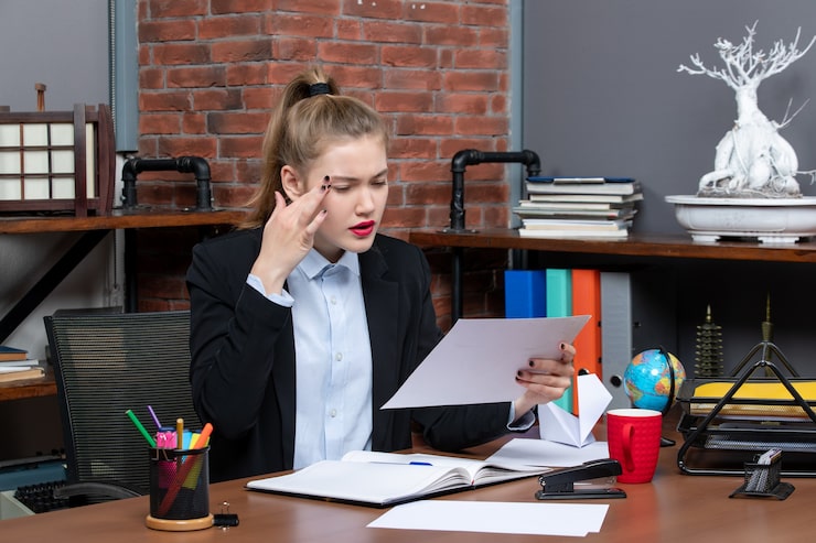 Young businesswoman carefully reading financial documents