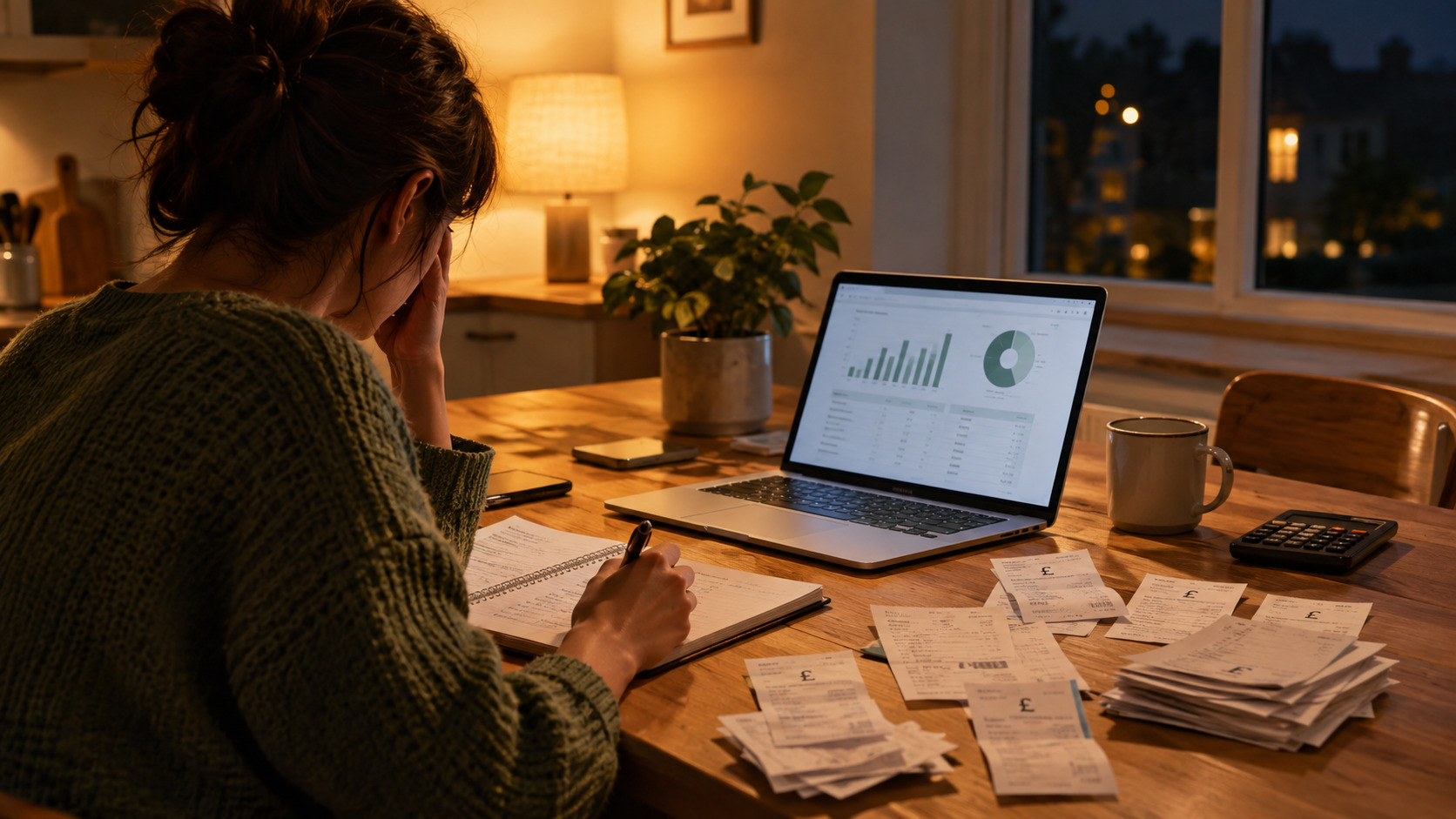 Small business owner reviewing receipts and bookkeeping late at night, considering accounting services for small business
